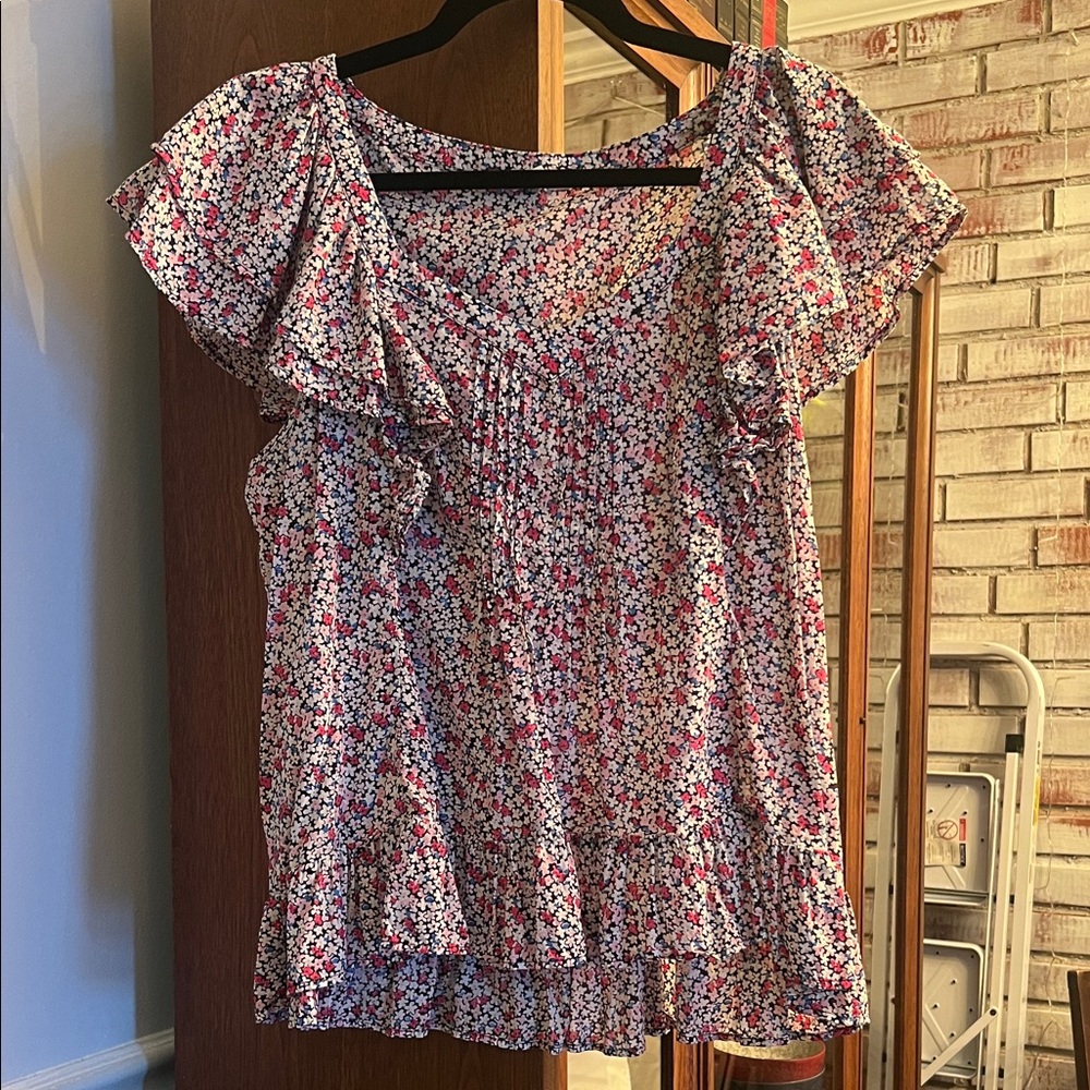 GAP Floral Ruffle Sleeve Blouse - Red, Pink, White